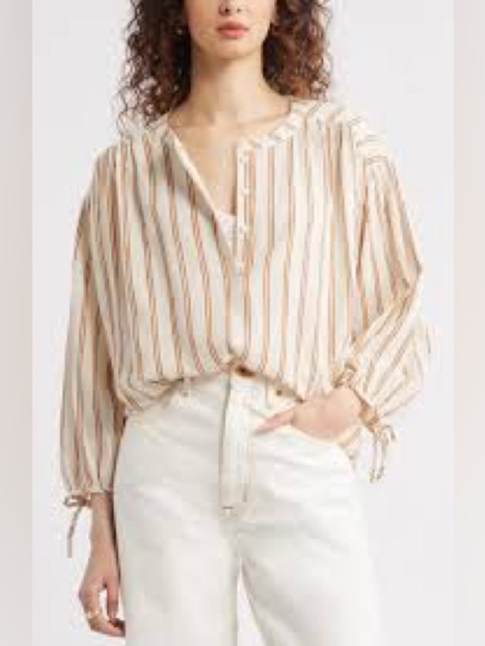 Treasure & Bond Striped Cotton Popover Boho Tie Sleeve Blouse, cream/tan, S/M